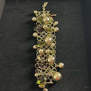 Stony Silver Chain Fashion Bracelet w/Silver bobbles, green &red gem accents